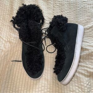 Vionic Splendid Oak Black Suede Lace Up Fuzzy Boots 11